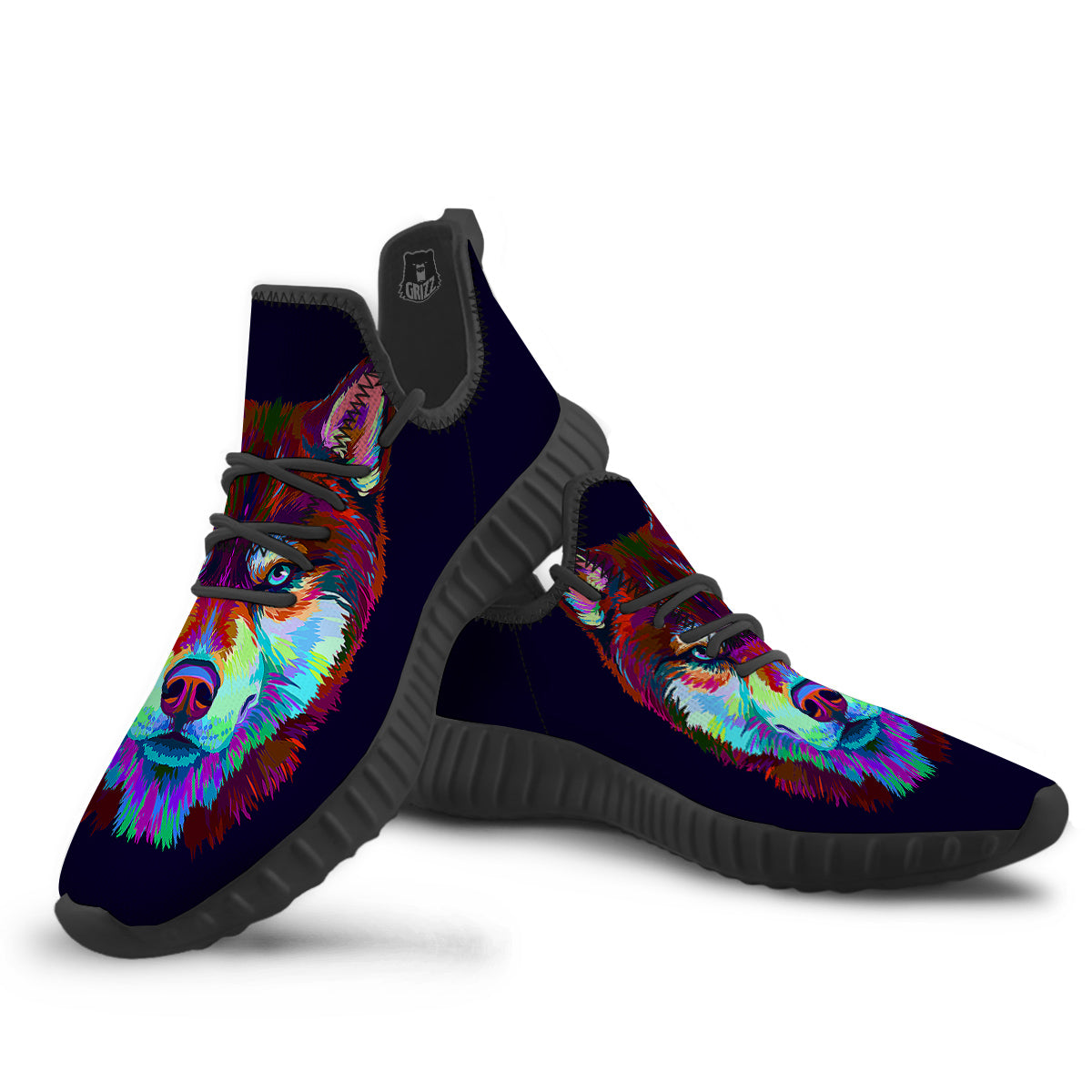 Siberian Husky Colorful Print Black Walking Shoes-grizzshop