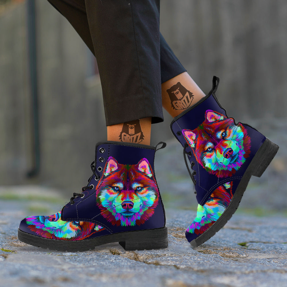 Siberian Husky Colorful Print Leather Boots-grizzshop