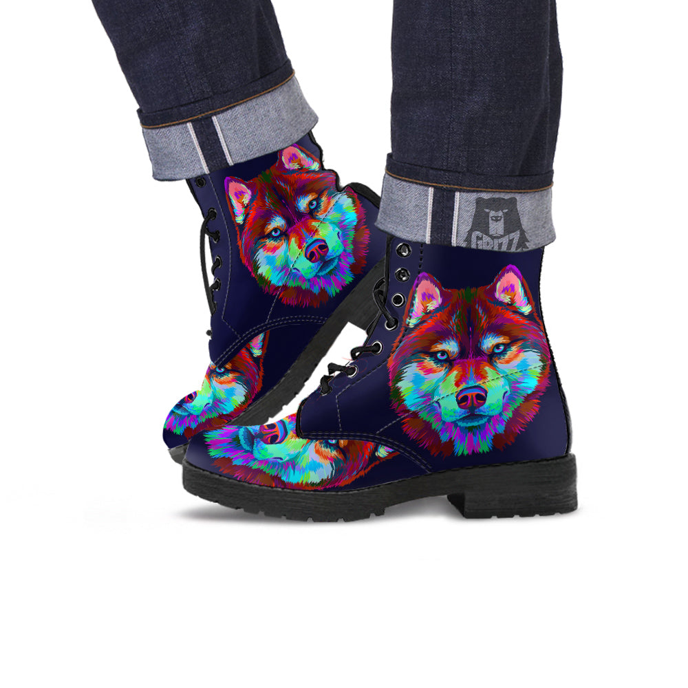 Siberian Husky Colorful Print Leather Boots-grizzshop