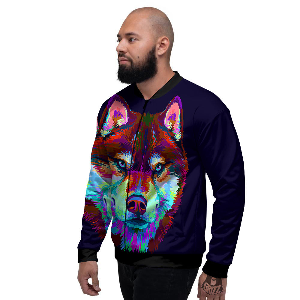 Siberian Husky Colorful Print Men's Bomber Jacket-grizzshop