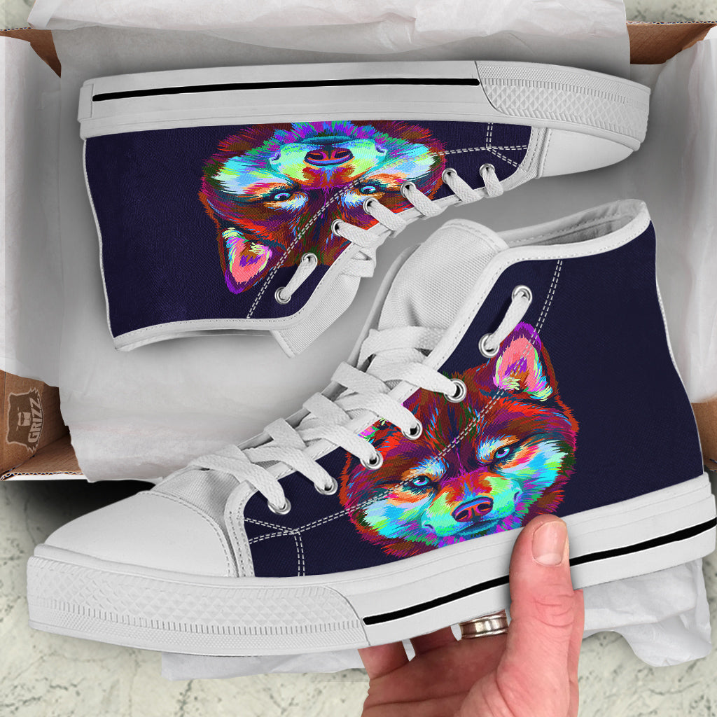 Siberian Husky Colorful Print White High Top Shoes-grizzshop