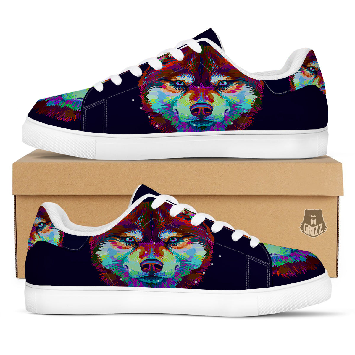 Siberian Husky Colorful Print White Low Top Sneakers-grizzshop