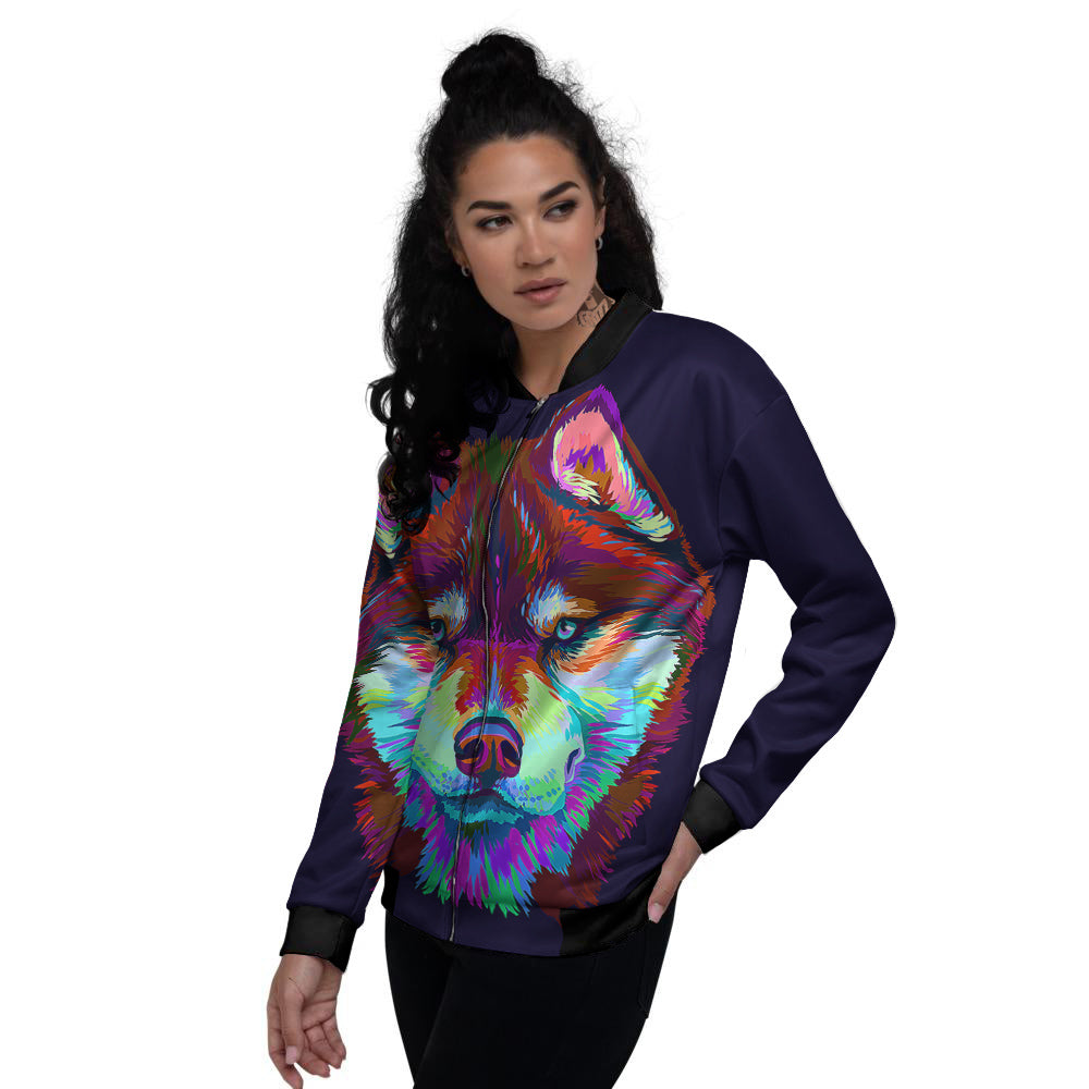 Siberian Husky Colorful Print Women's Bomber Jacket-grizzshop