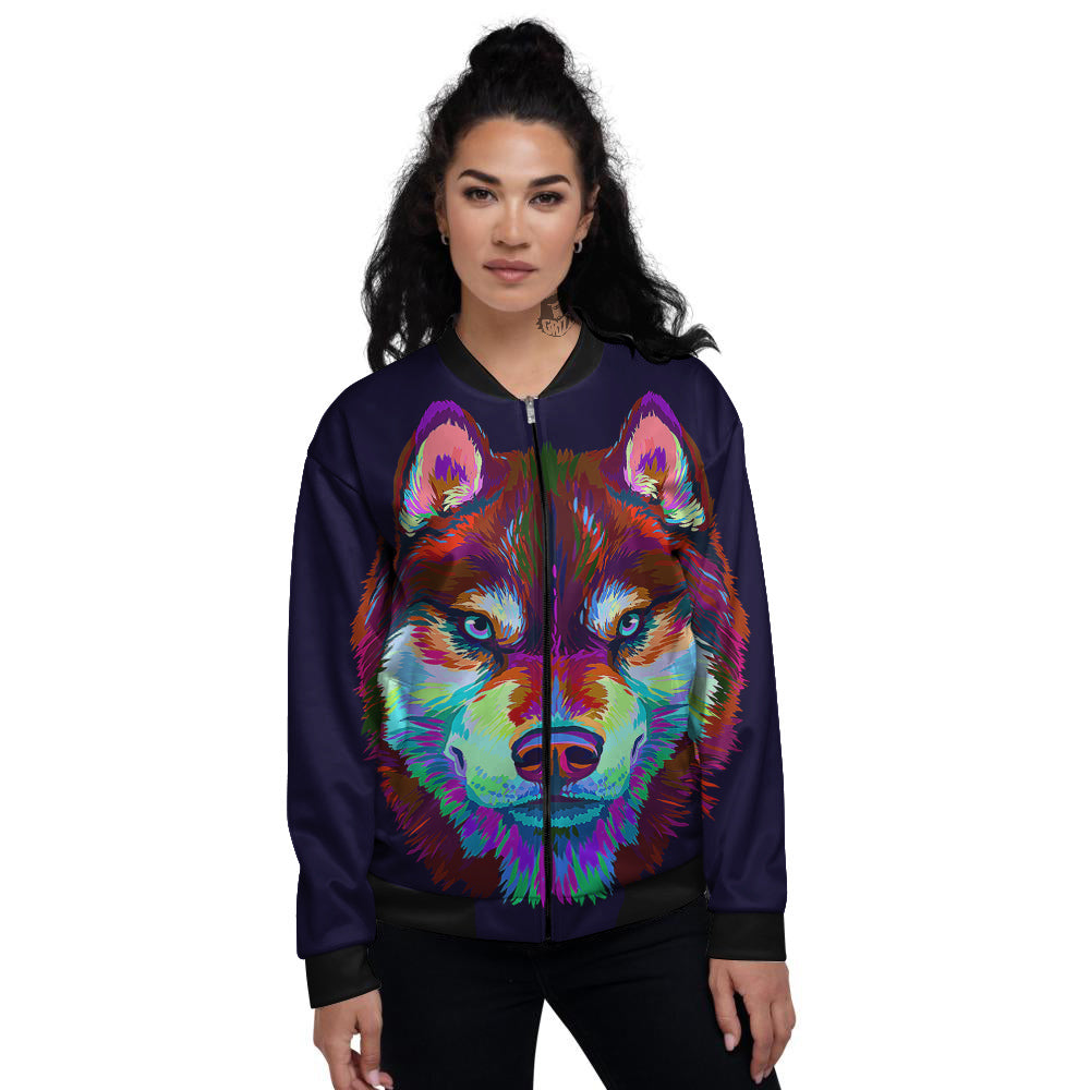 Siberian Husky Colorful Print Women's Bomber Jacket-grizzshop