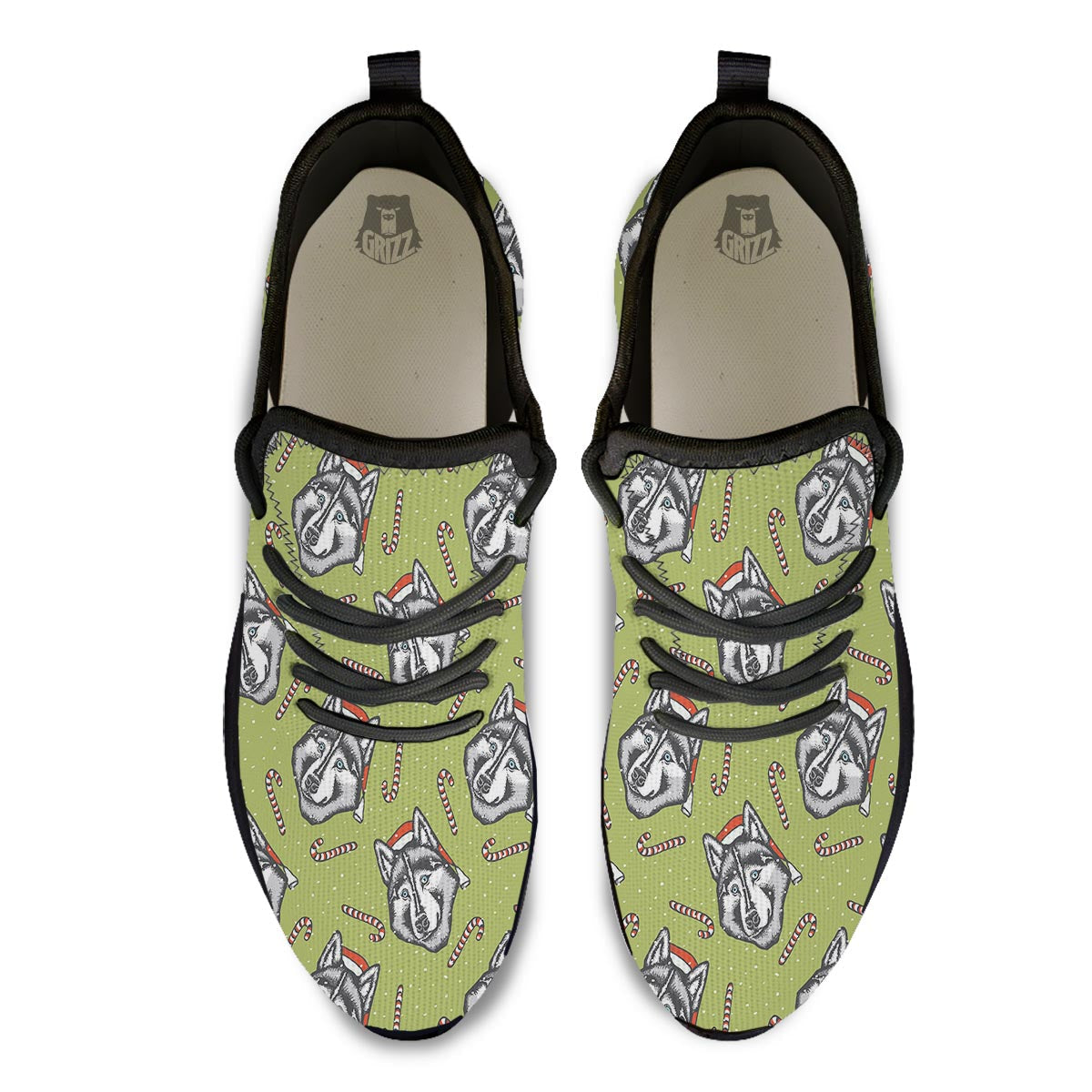 Siberian Husky Santa Print Pattern Black Athletic Shoes-grizzshop