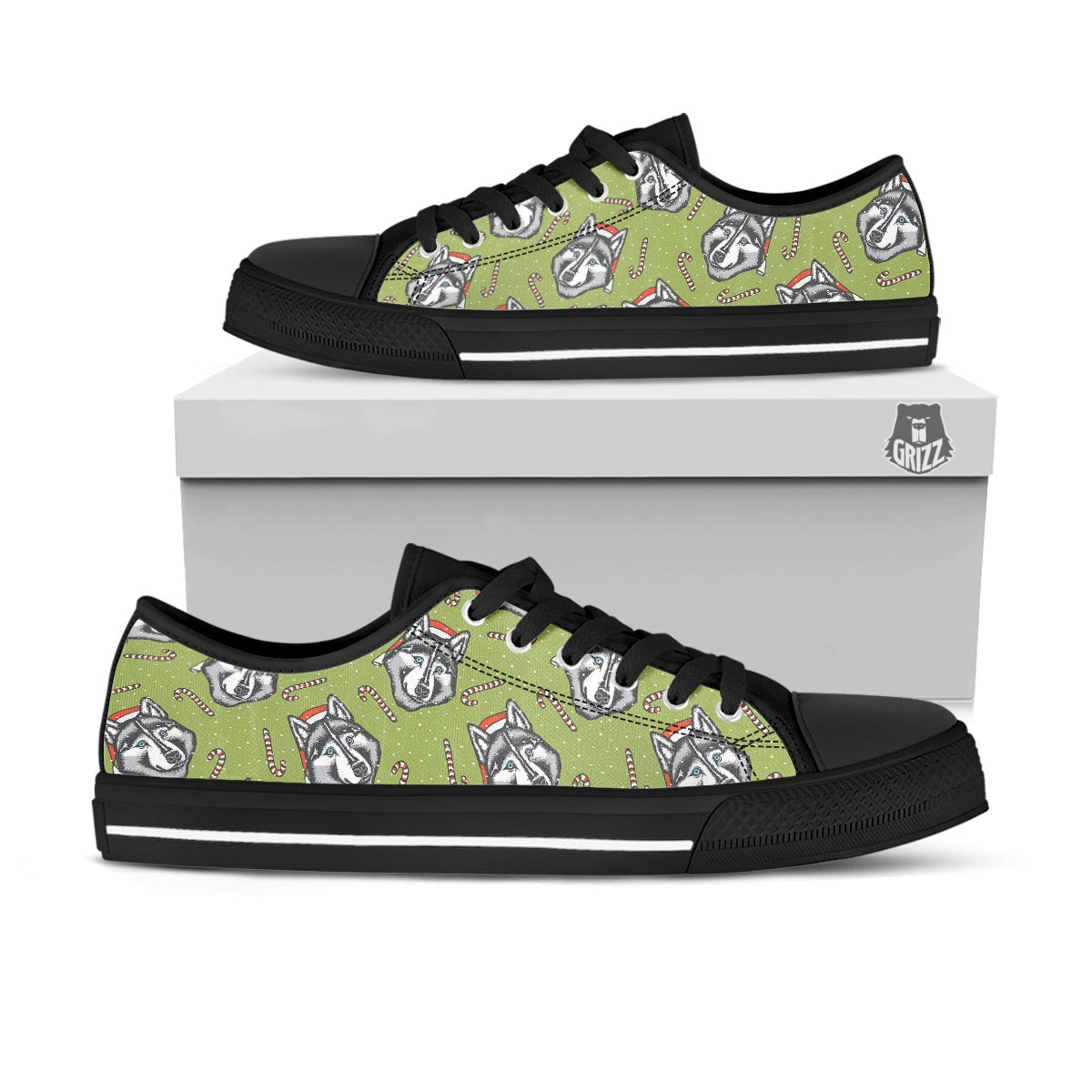 Siberian Husky Santa Print Pattern Black Low Top Shoes-grizzshop