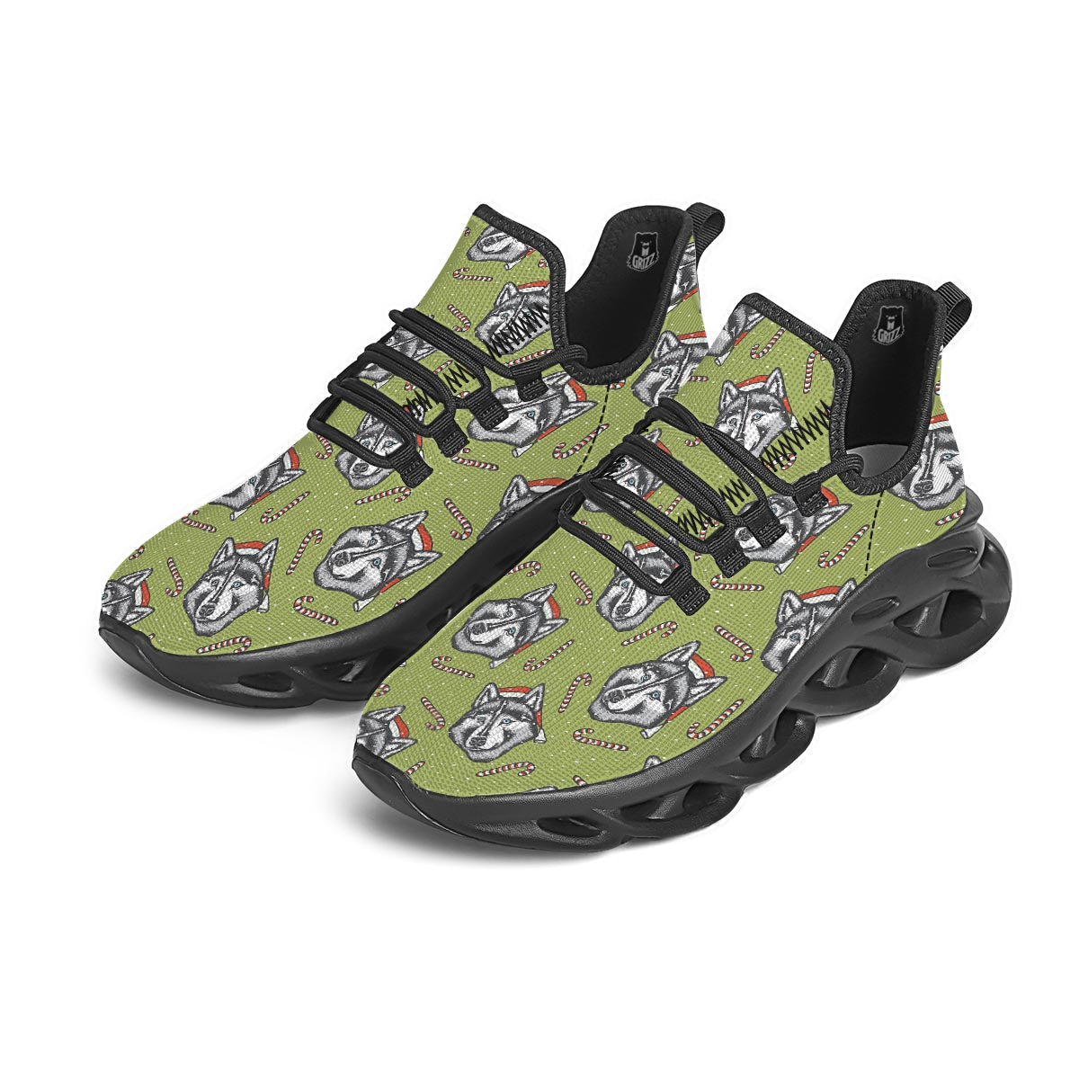 Siberian Husky Santa Print Pattern Black Running Shoes-grizzshop