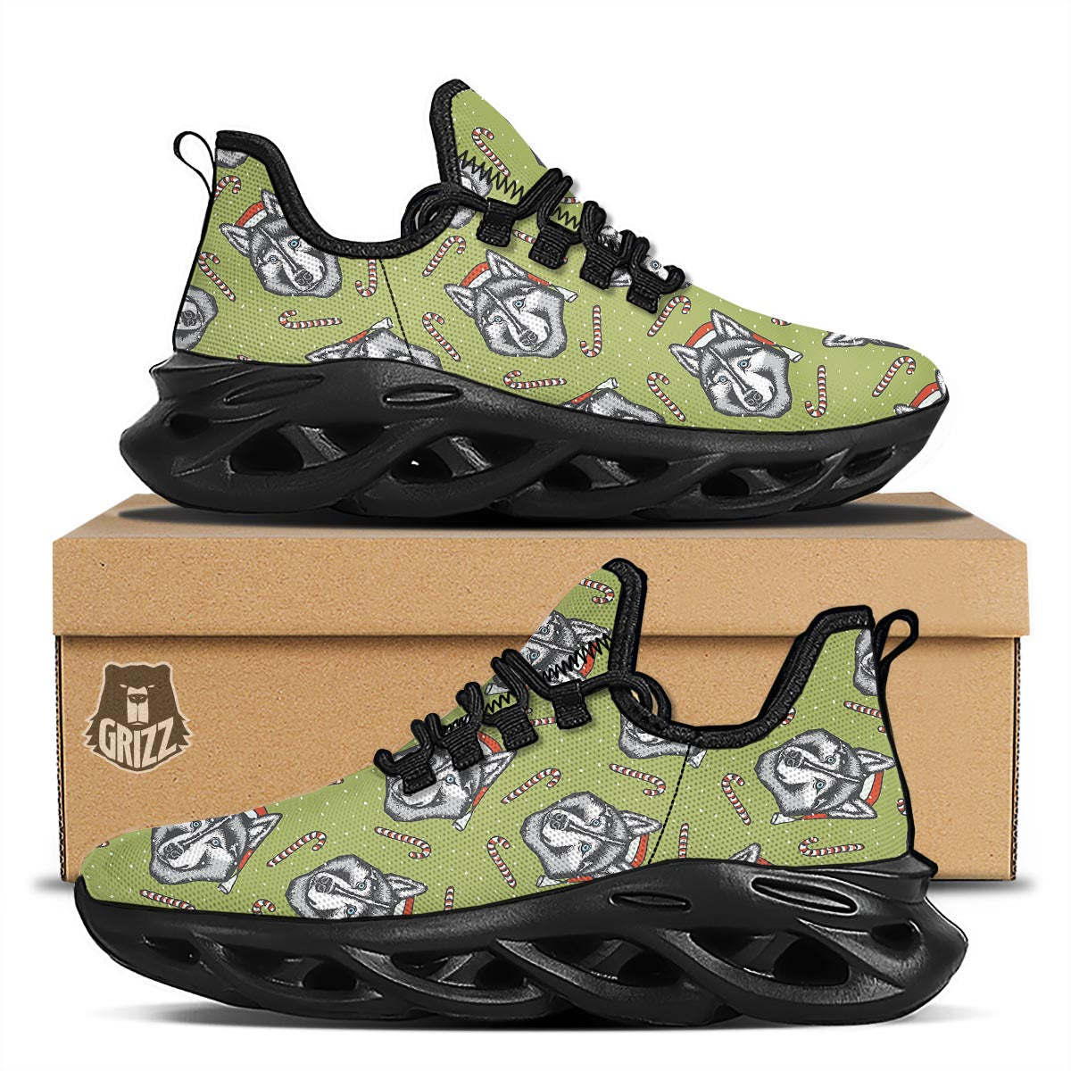 Siberian Husky Santa Print Pattern Black Running Shoes-grizzshop