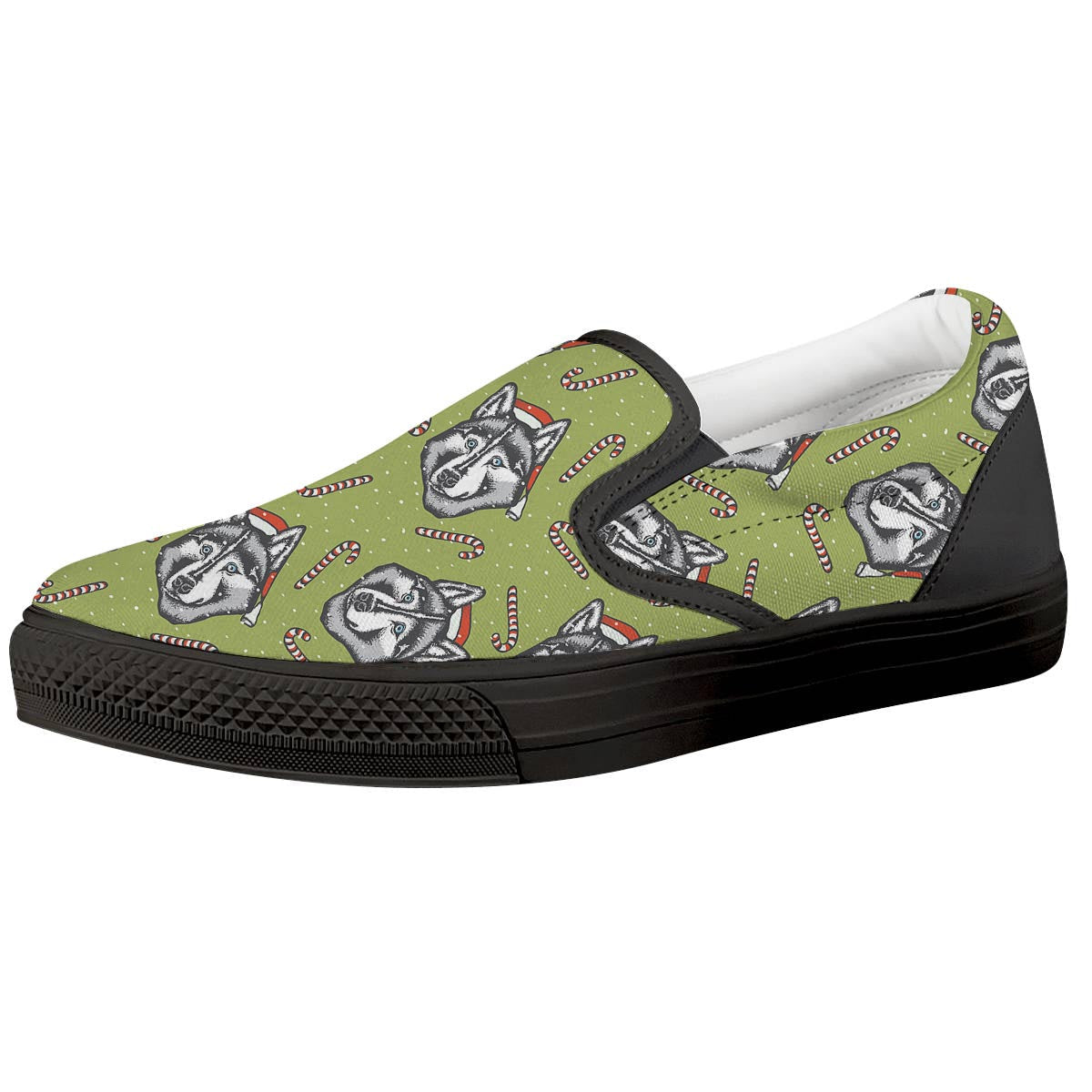 Siberian Husky Santa Print Pattern Black Slip On Shoes-grizzshop