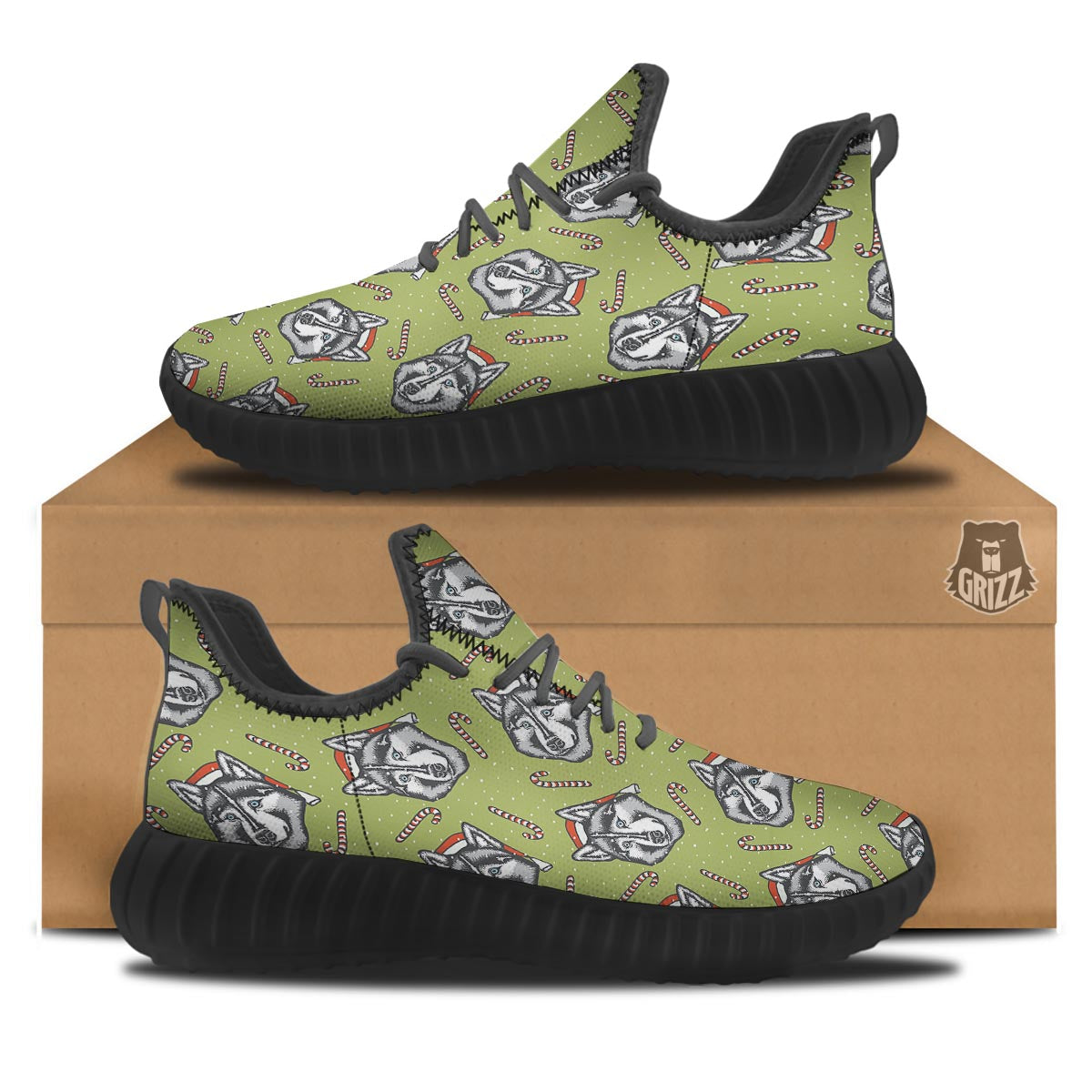 Siberian Husky Santa Print Pattern Black Walking Shoes-grizzshop