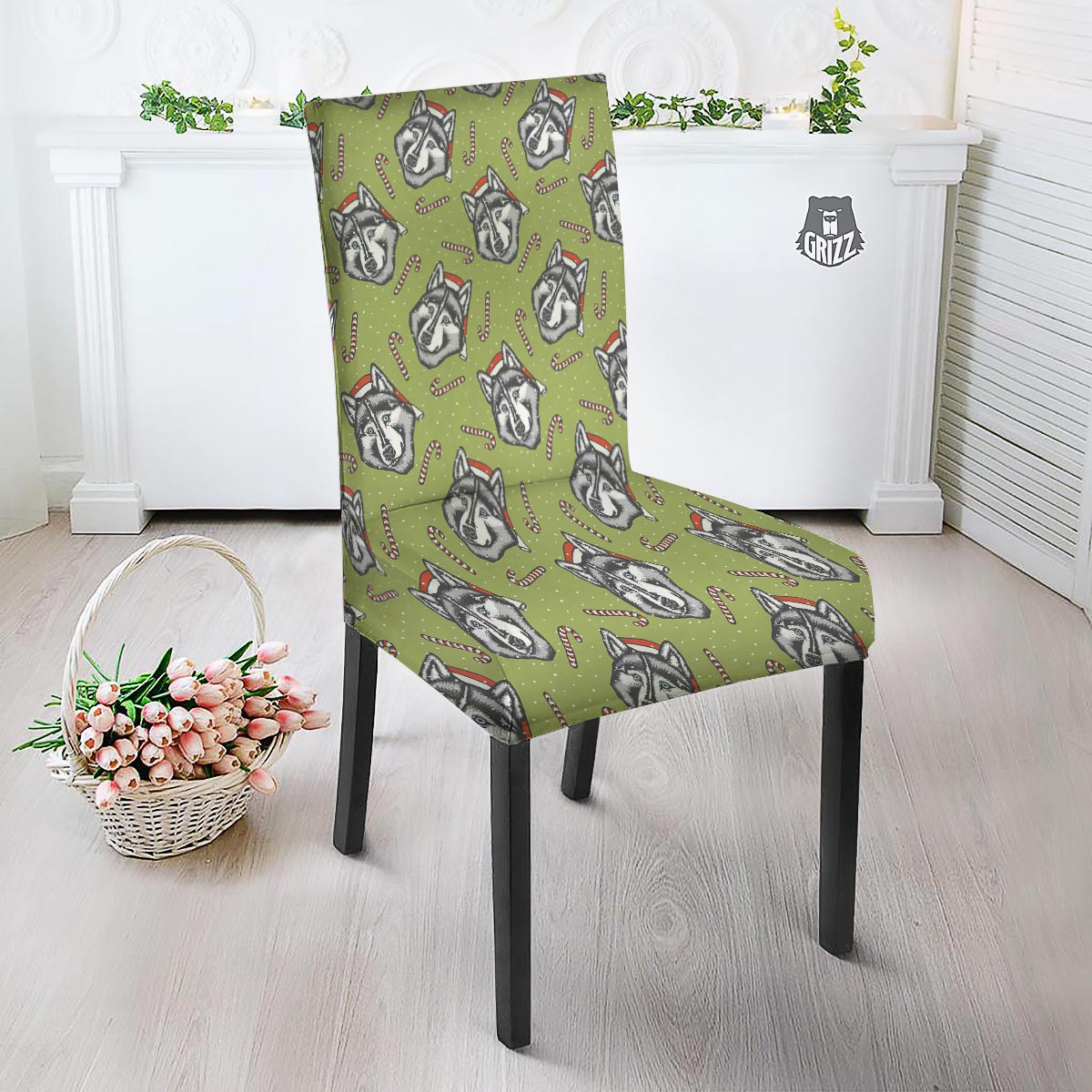 Siberian Husky Santa Print Pattern Dining Chair Slipcover-grizzshop