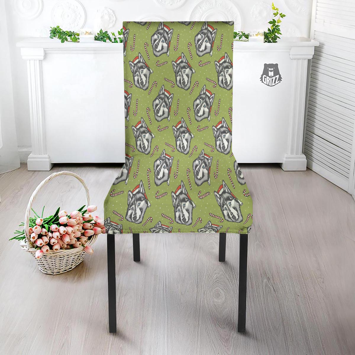 Siberian Husky Santa Print Pattern Dining Chair Slipcover-grizzshop