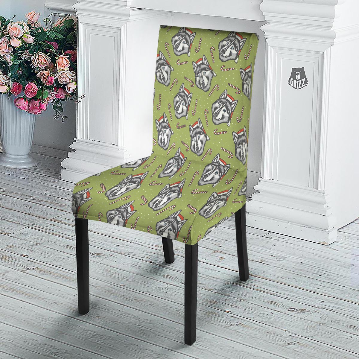 Siberian Husky Santa Print Pattern Dining Chair Slipcover-grizzshop