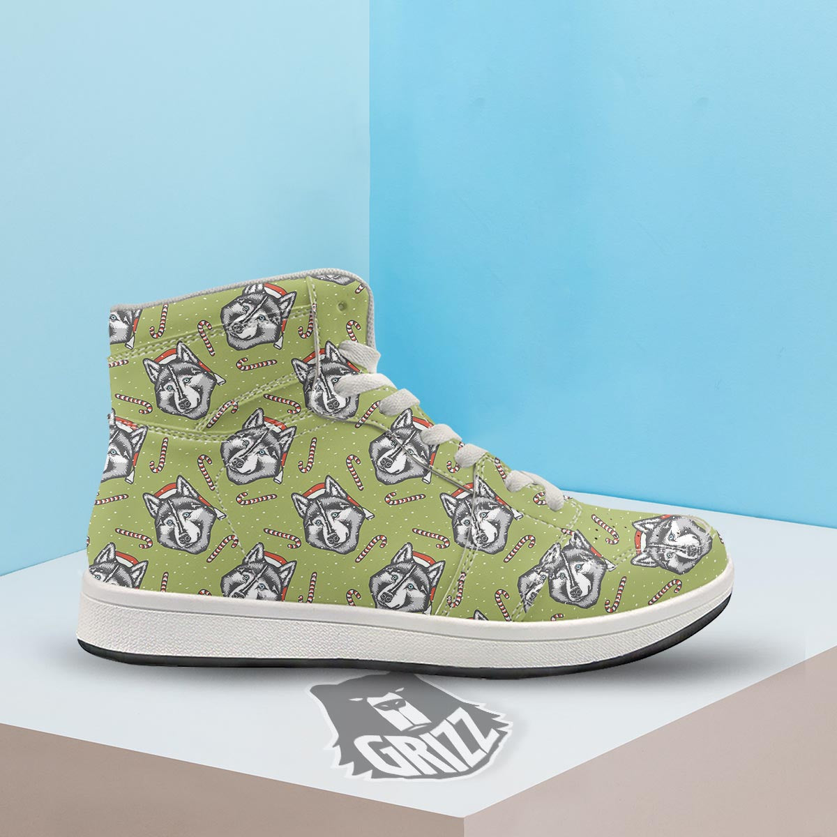 Siberian Husky Santa Print Pattern High Top Sneakers-grizzshop