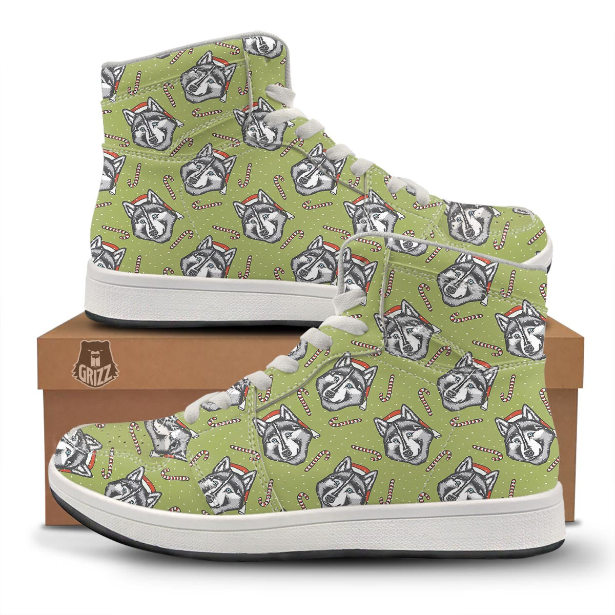 Siberian Husky Santa Print Pattern High Top Sneakers-grizzshop