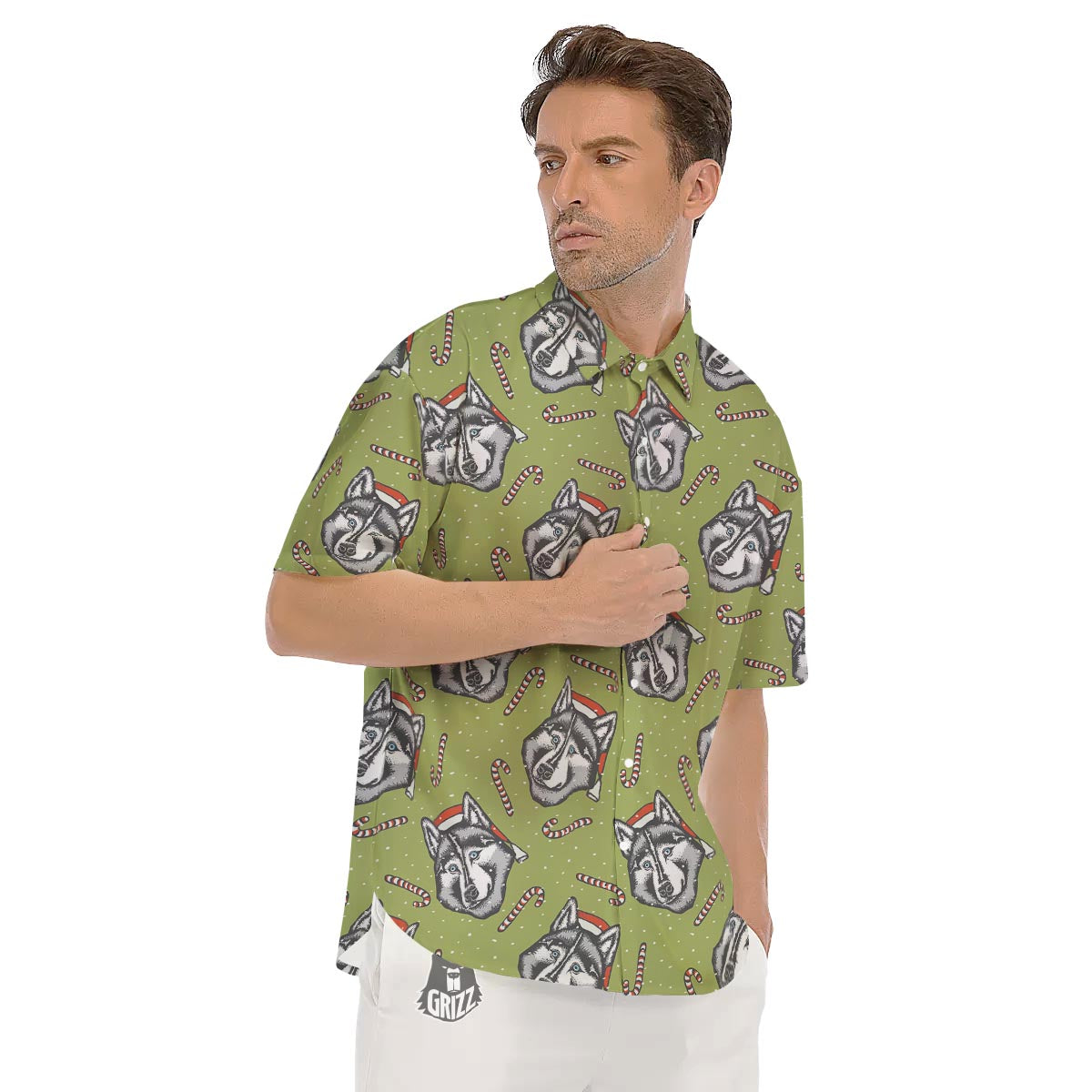 Siberian Husky Santa Print Pattern Men's Short Sleeve Shirts-grizzshop
