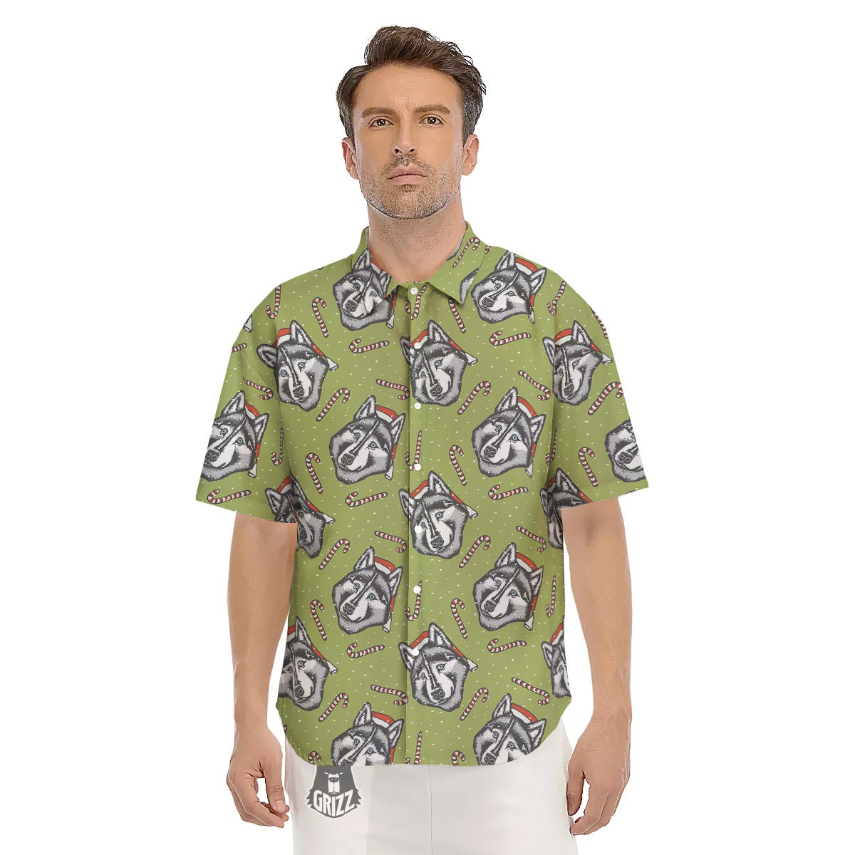 Siberian Husky Santa Print Pattern Men's Short Sleeve Shirts-grizzshop