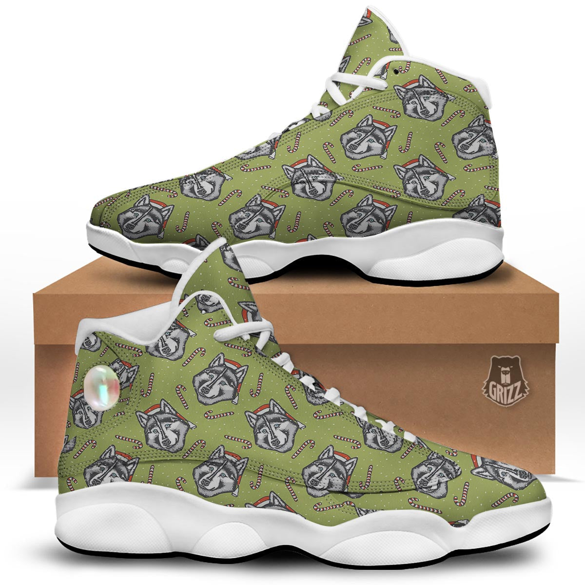 Siberian Husky Santa Print Pattern White Basketball Shoes-grizzshop