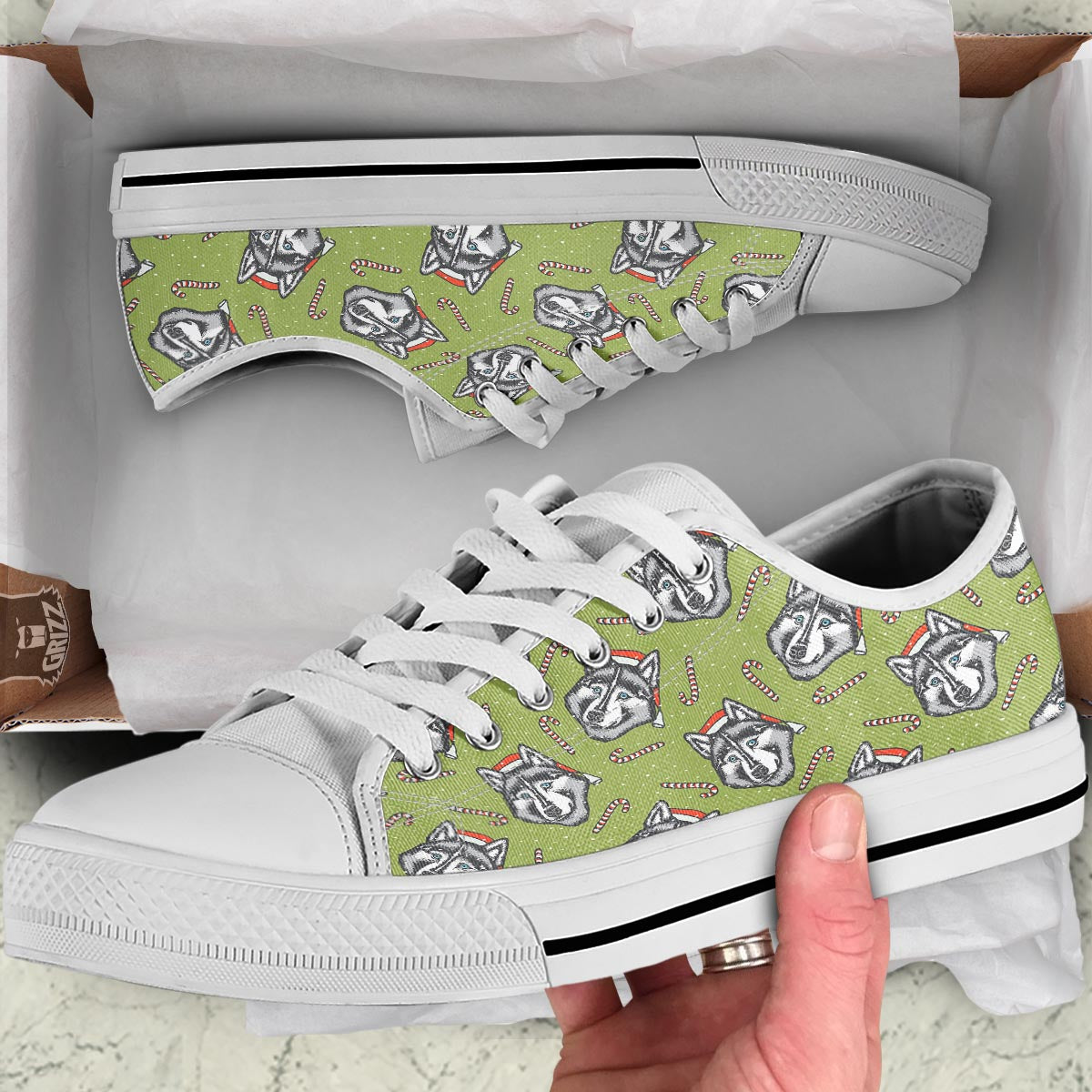 Siberian Husky Santa Print Pattern White Low Top Shoes-grizzshop