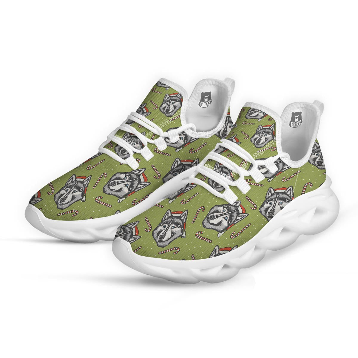Siberian Husky Santa Print Pattern White Running Shoes-grizzshop