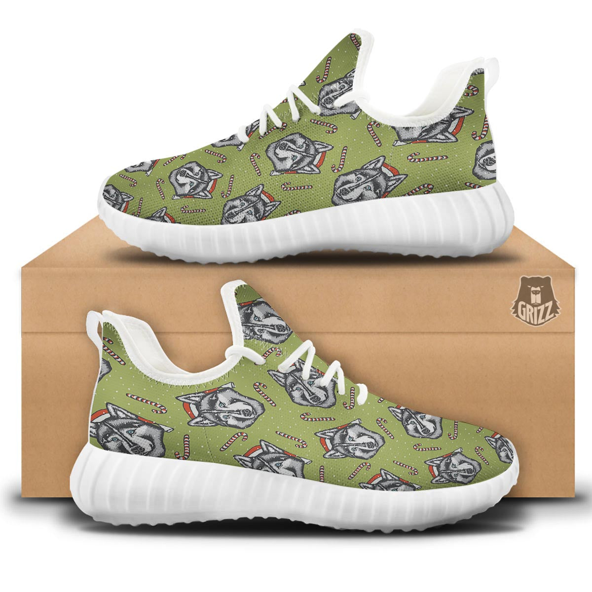 Siberian Husky Santa Print Pattern White Walking Shoes-grizzshop