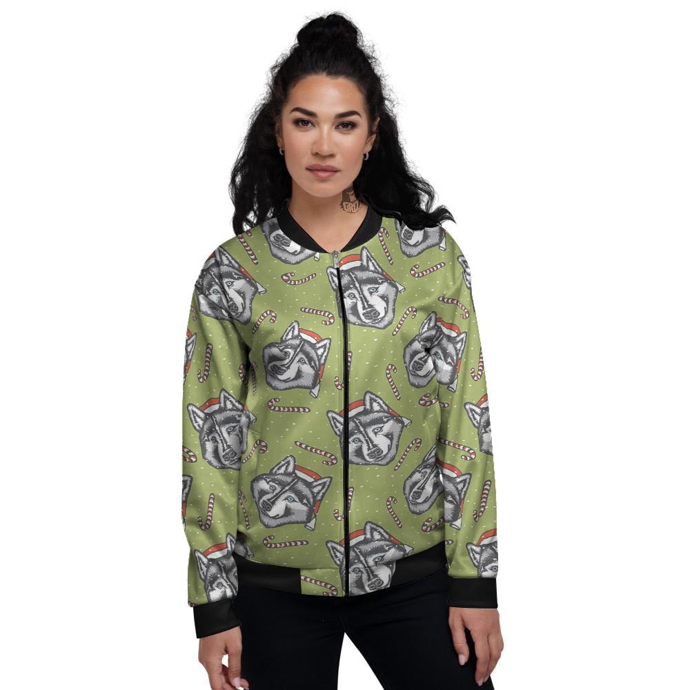 Siberian Husky Santa Print Pattern Women's Bomber Jacket-grizzshop