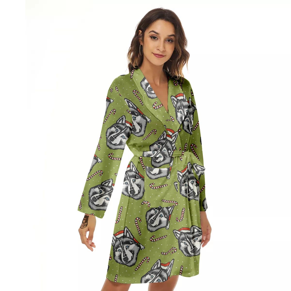 Siberian Husky Santa Print Pattern Women's Robe-grizzshop