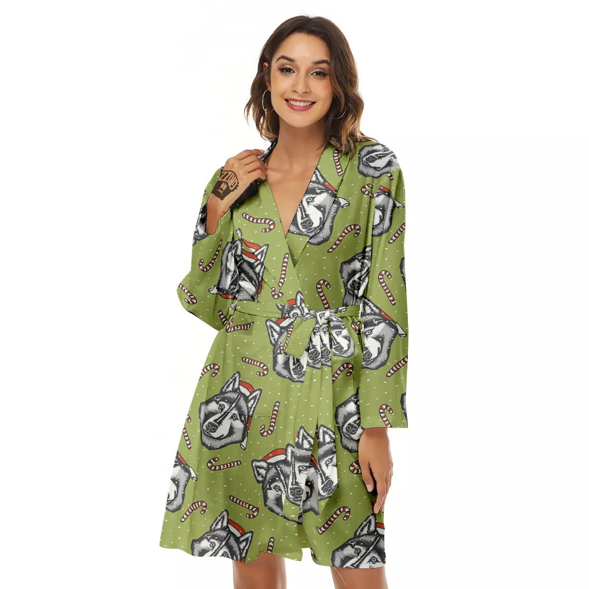 Siberian Husky Santa Print Pattern Women's Robe-grizzshop