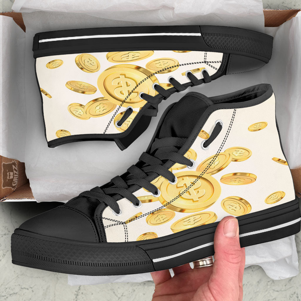 Sign Explosion Golden Dollar Print Black High Top Shoes-grizzshop