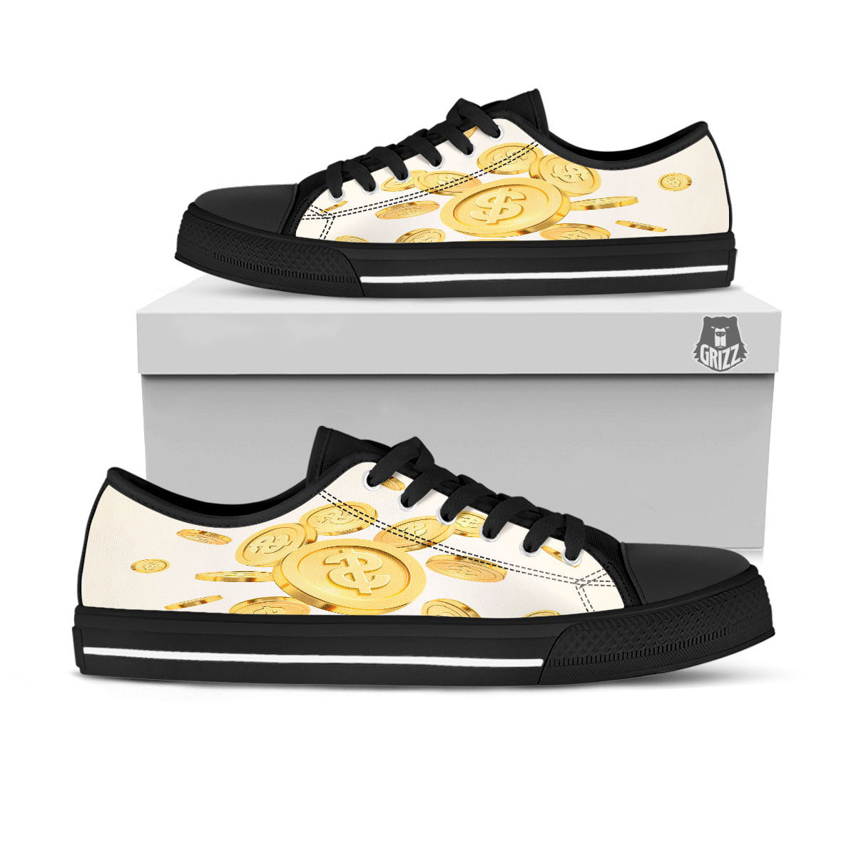 Sign Explosion Golden Dollar Print Black Low Top Shoes-grizzshop