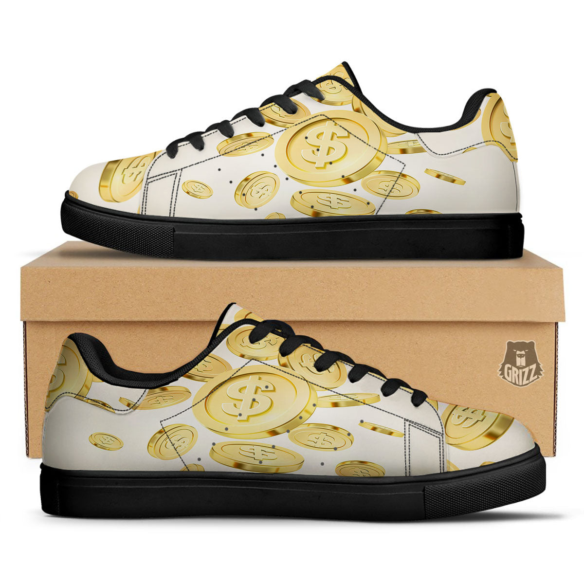 Sign Explosion Golden Dollar Print Black Low Top Sneakers-grizzshop