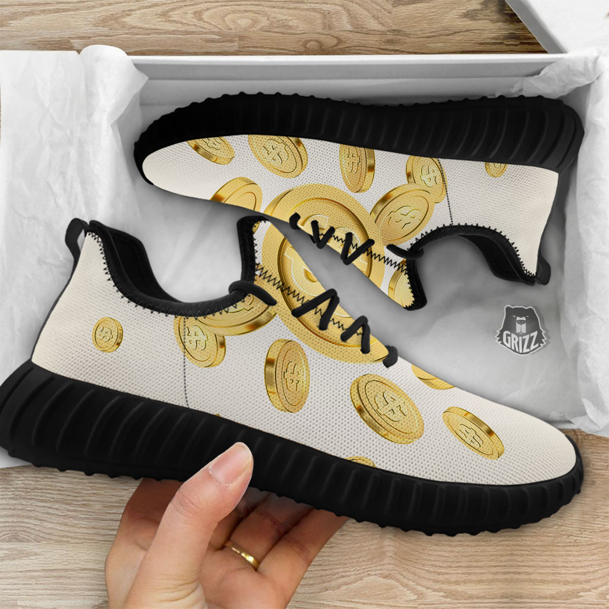 Sign Explosion Golden Dollar Print Black Walking Shoes-grizzshop