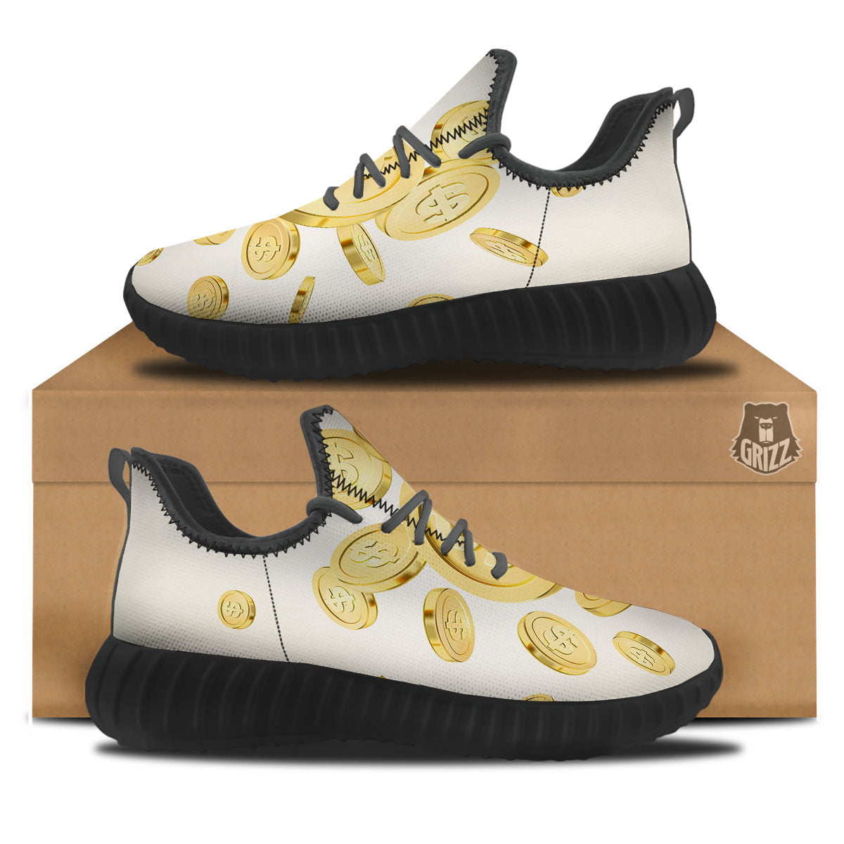 Sign Explosion Golden Dollar Print Black Walking Shoes-grizzshop