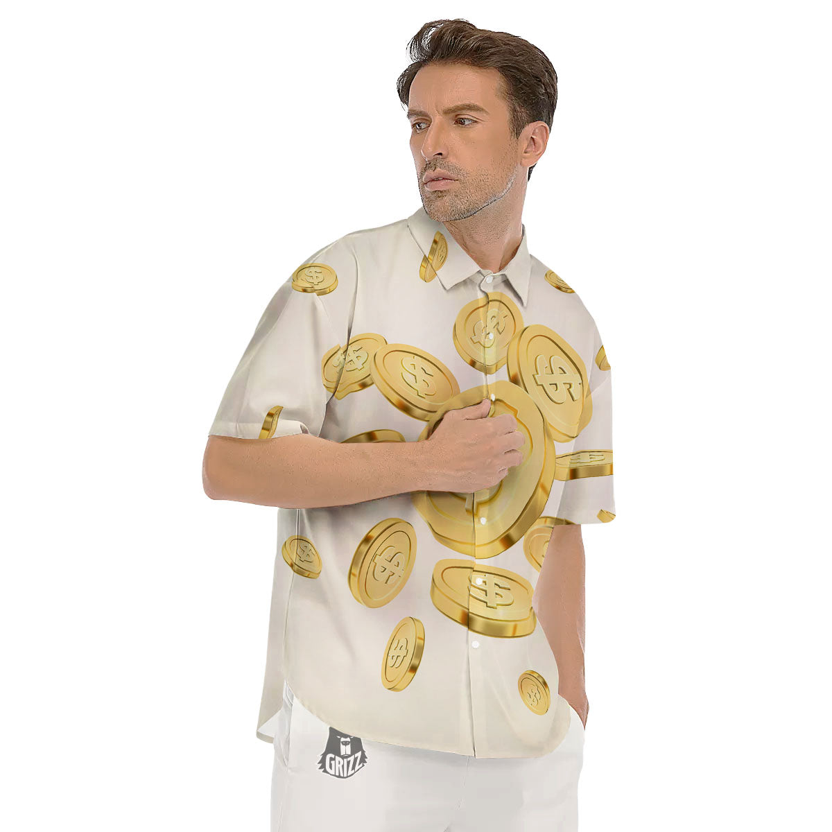 Sign Explosion Golden Dollar Print Men's Short Sleeve Shirts-grizzshop