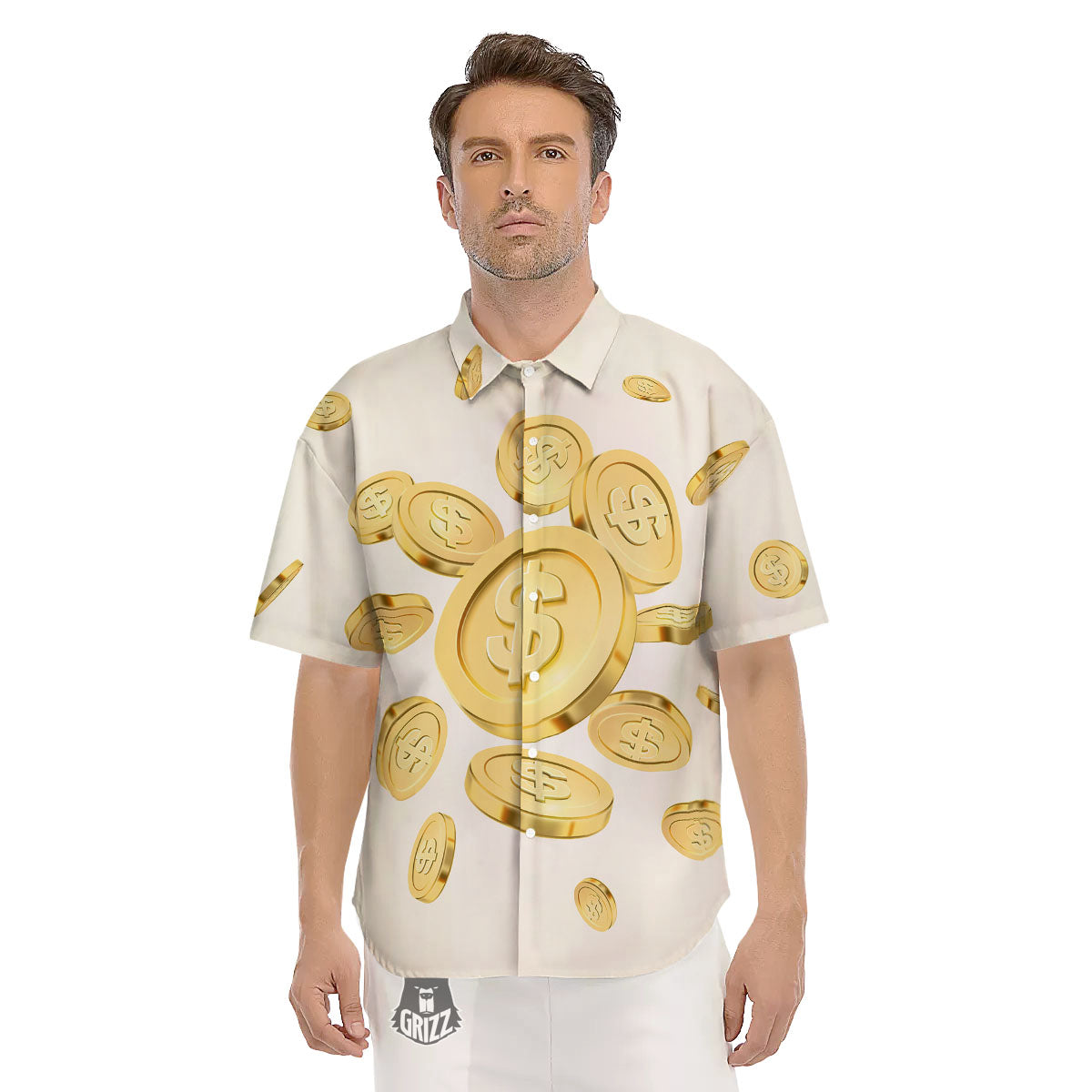 Sign Explosion Golden Dollar Print Men's Short Sleeve Shirts-grizzshop