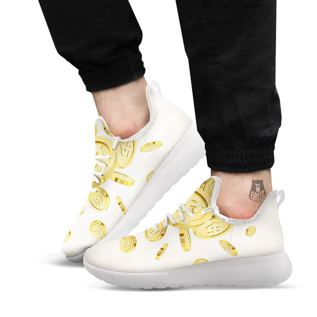 Sign Explosion Golden Dollar Print White Athletic Shoes-grizzshop