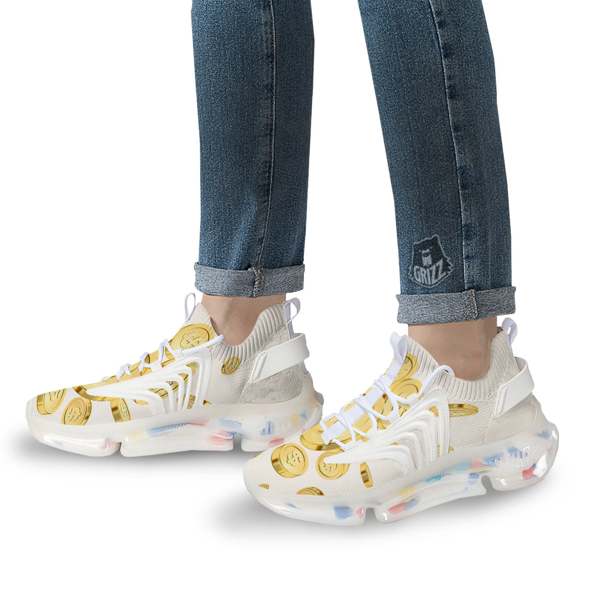 Sign Explosion Golden Dollar Print White Gym Shoes-grizzshop