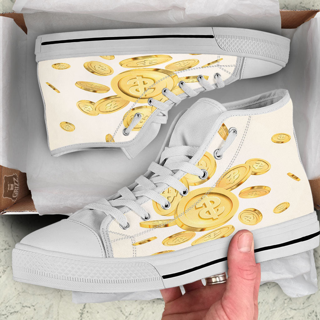 Sign Explosion Golden Dollar Print White High Top Shoes-grizzshop