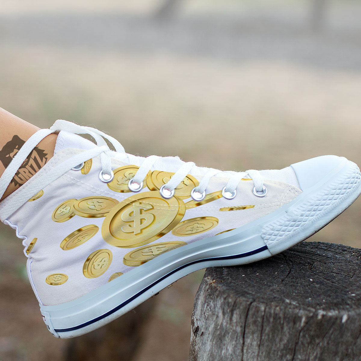 Sign Explosion Golden Dollar Print White High Top Shoes-grizzshop