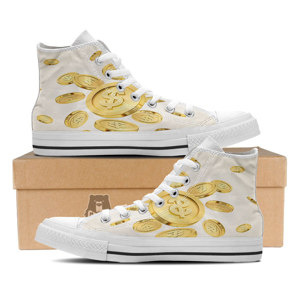 Sign Explosion Golden Dollar Print White High Top Shoes-grizzshop