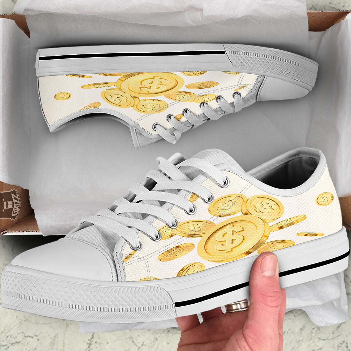 Sign Explosion Golden Dollar Print White Low Top Shoes-grizzshop