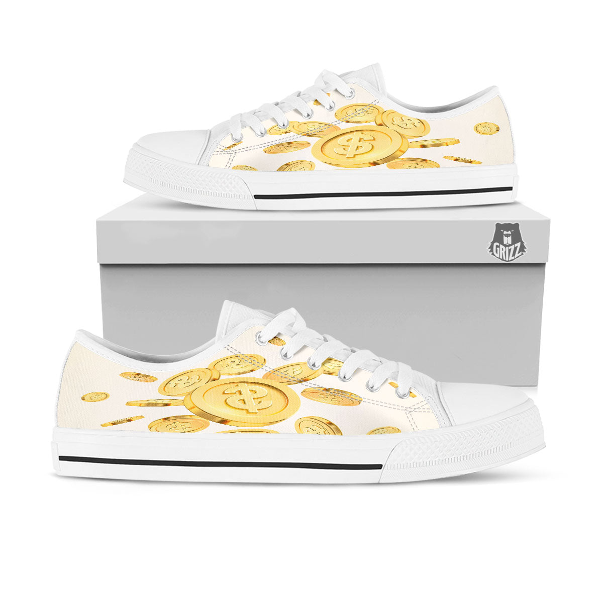 Sign Explosion Golden Dollar Print White Low Top Shoes-grizzshop