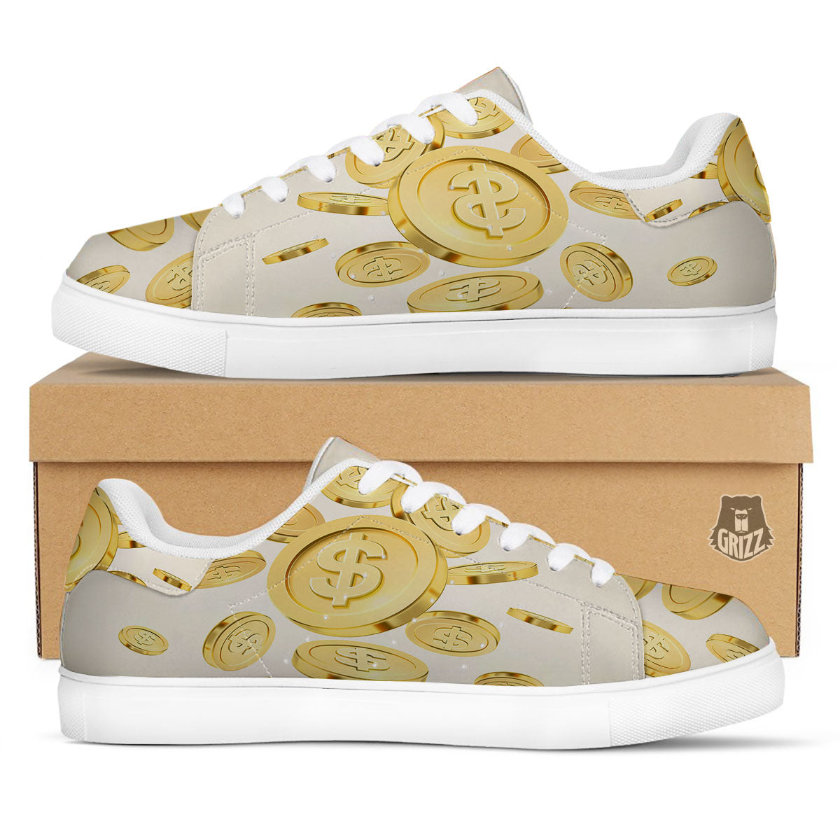 Sign Explosion Golden Dollar Print White Low Top Sneakers-grizzshop