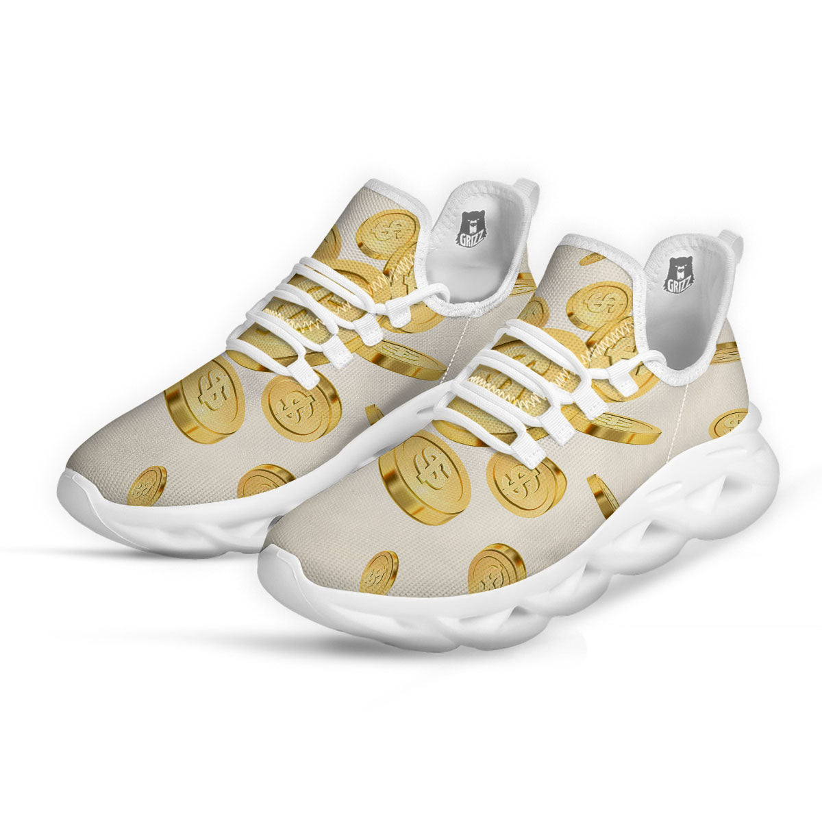 Sign Explosion Golden Dollar Print White Running Shoes-grizzshop