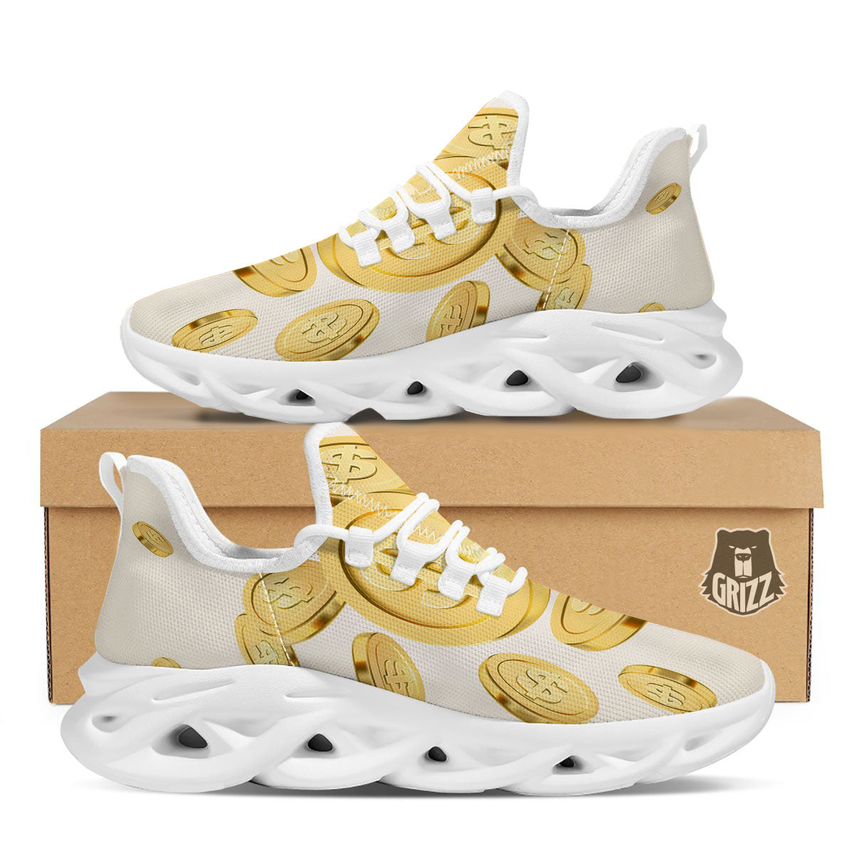 Sign Explosion Golden Dollar Print White Running Shoes-grizzshop