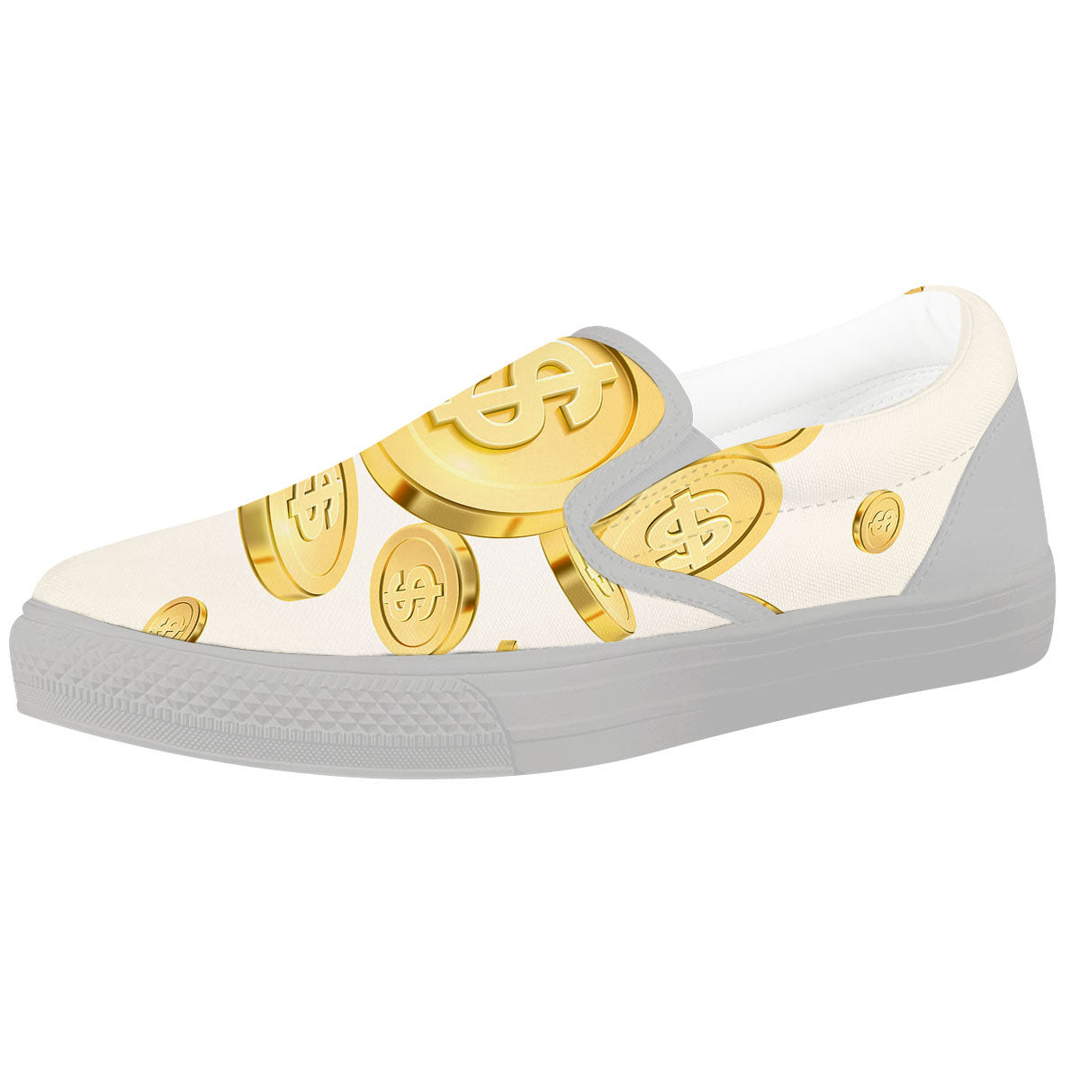 Sign Explosion Golden Dollar Print White Slip On Shoes-grizzshop