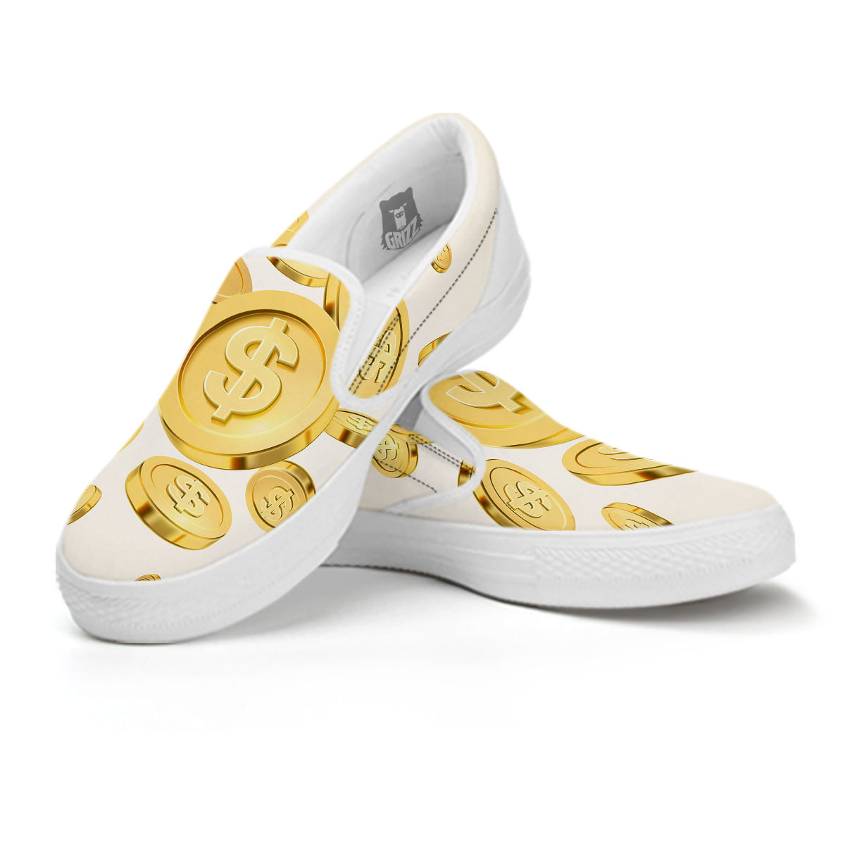 Sign Explosion Golden Dollar Print White Slip On Shoes-grizzshop