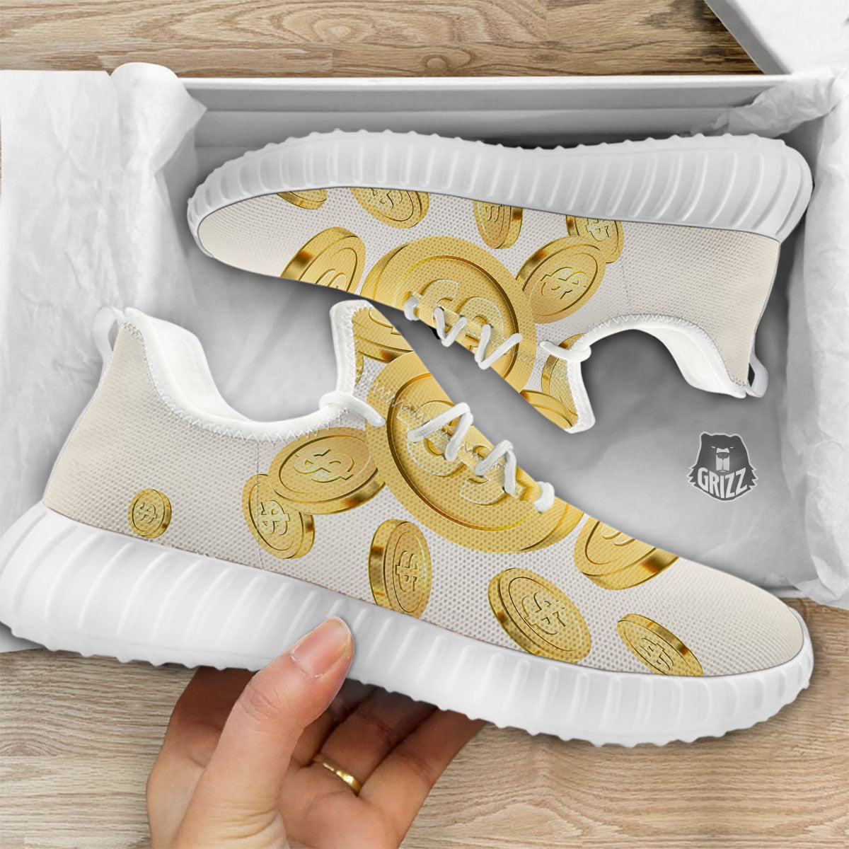 Sign Explosion Golden Dollar Print White Walking Shoes-grizzshop
