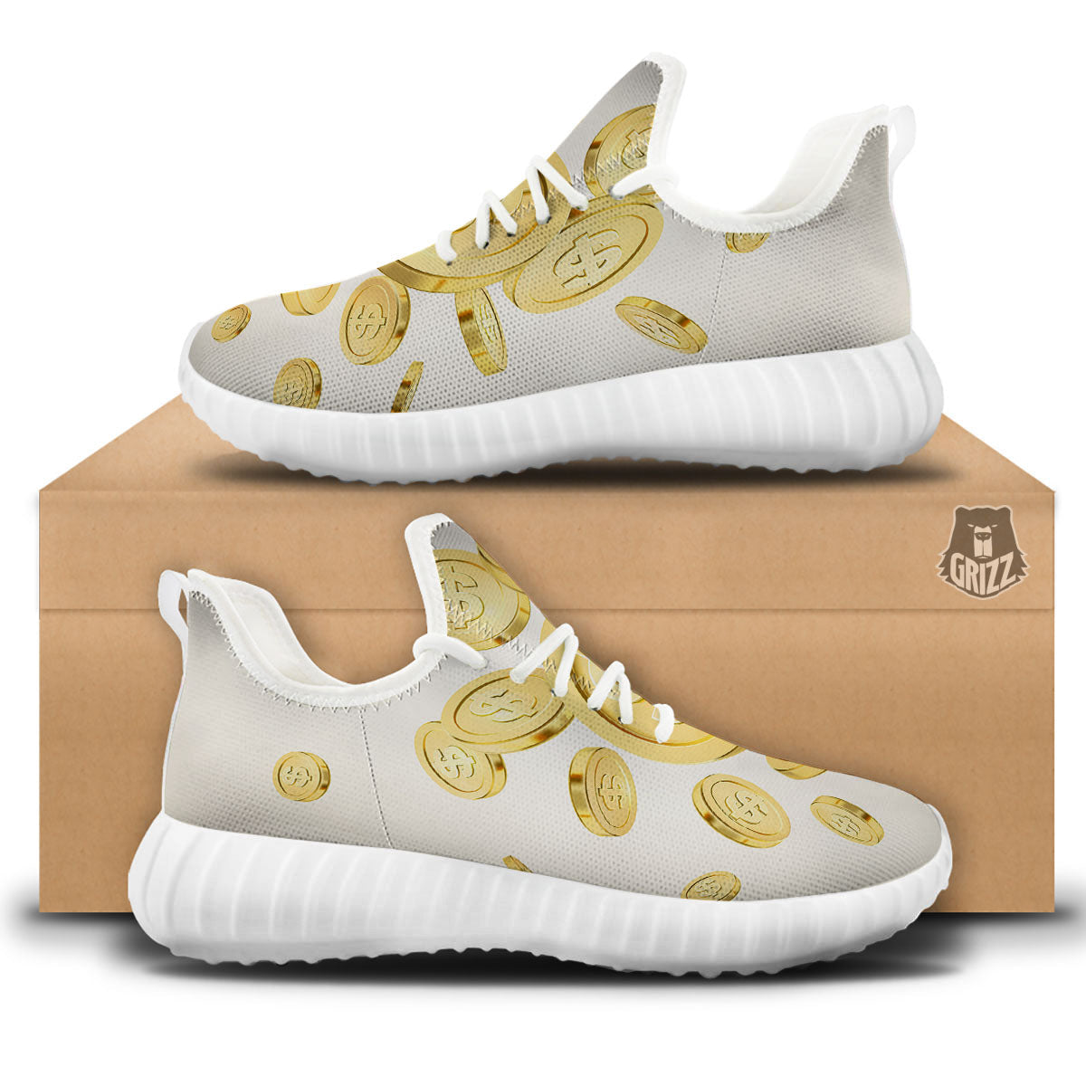 Sign Explosion Golden Dollar Print White Walking Shoes-grizzshop
