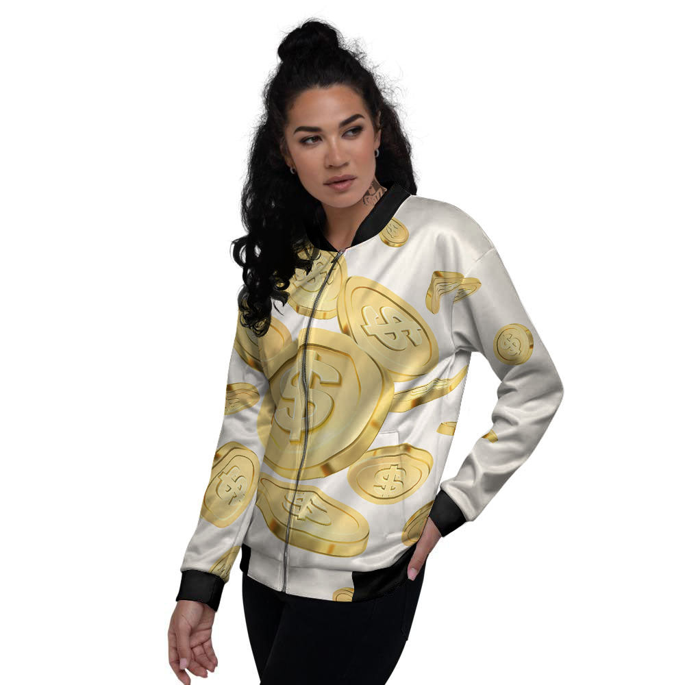 Sign Explosion Golden Dollar Print Women's Bomber Jacket-grizzshop